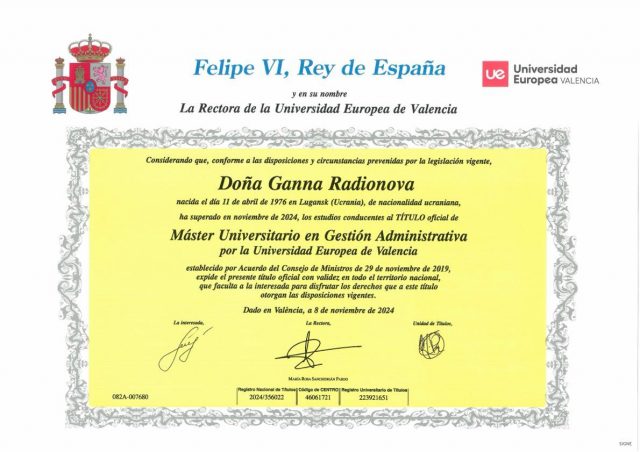 Diploma Máster Universitario en Gestión Administrativa por la Universidad Europea de Valencia a nombre de Ganna Radionova