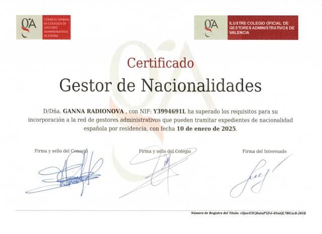 Certificado Gestor de Nacionalidades Ganna Radionova