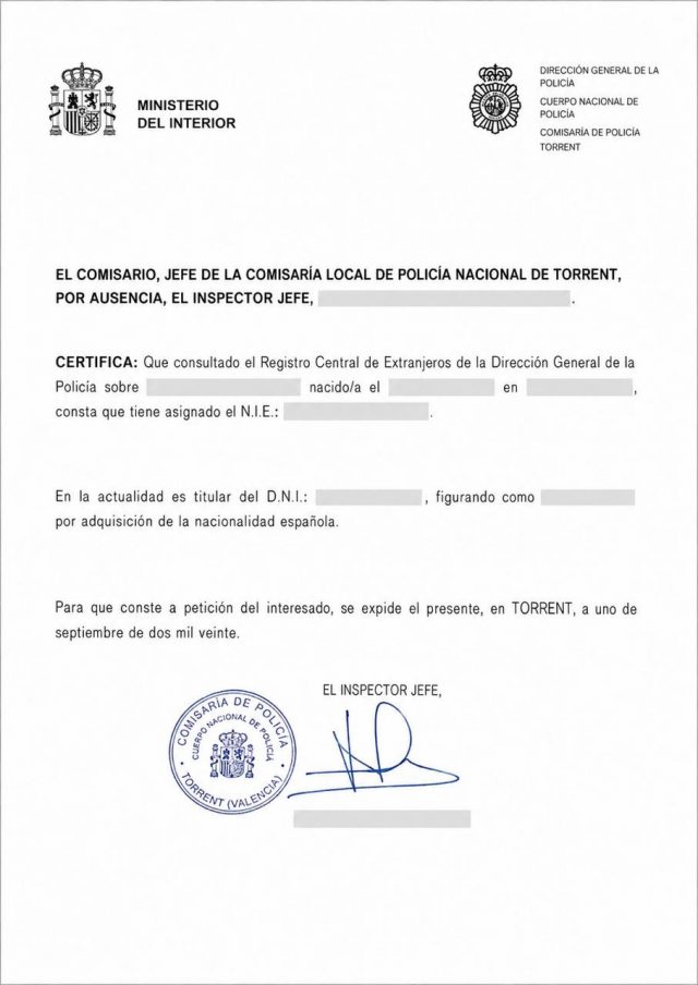 Знеособлений certificado de concordancia після отримання громадянства Іспанії, що пов’язує попередній NIE з новим DNI