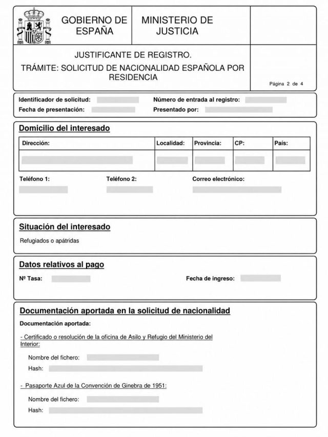 Знеособлений justificante de registro за заявою на громадянство Іспанії для заявника зі статусом refugiado o apátrida