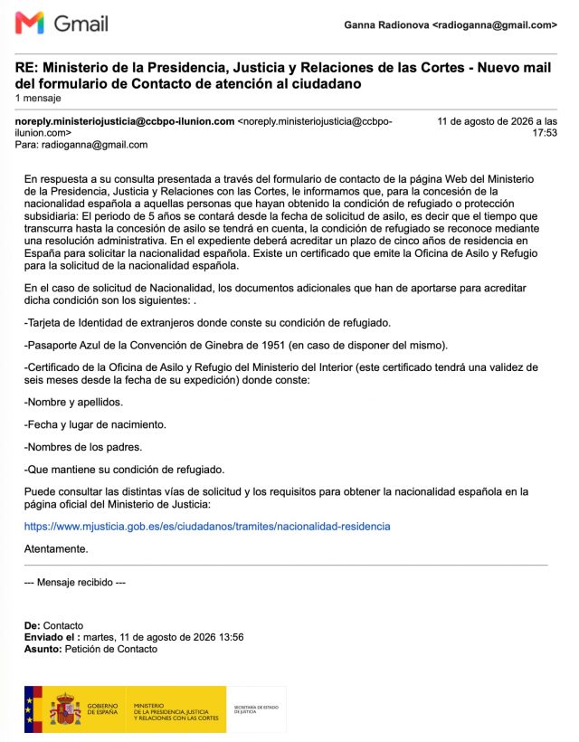 Respuesta del Ministerio de Justicia sobre el plazo de cinco años para refugiados y protección subsidiaria desde la fecha de la solicitud de asilo