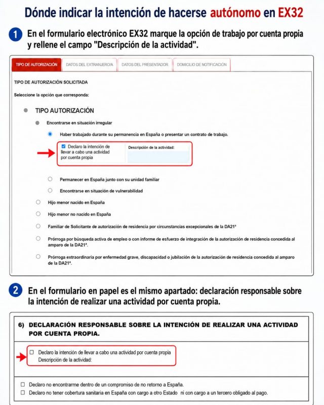 ¿En qué apartado del EX32 se debe indicar la intención de trabajar por cuenta propia?