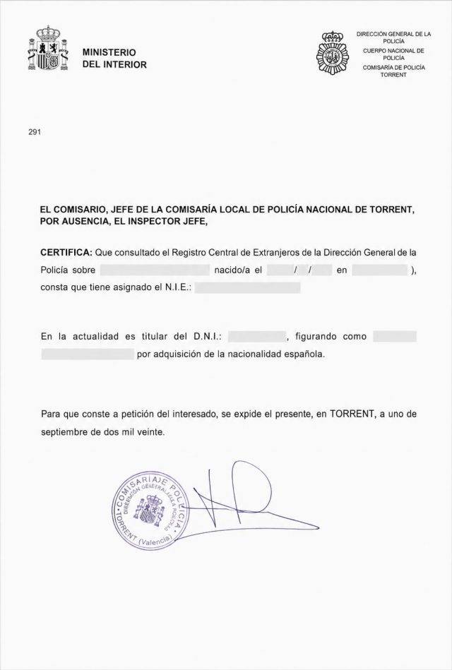 Пример certificado de concordancia DNI NIE